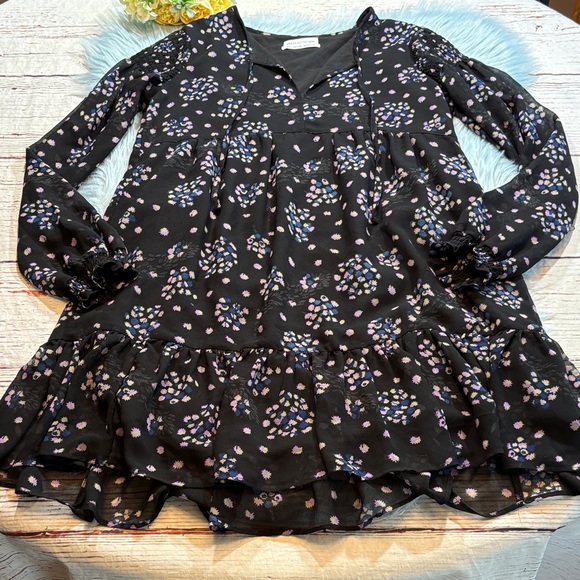 Urban Outfitters V Tie Neck Floral Ruffle Long Sleeve Mini Dress sz S - Picture 1 of 8